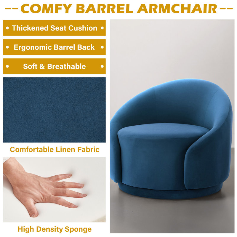 Aunna Upholstered Swivel Barrel Chair, Blue Velvet