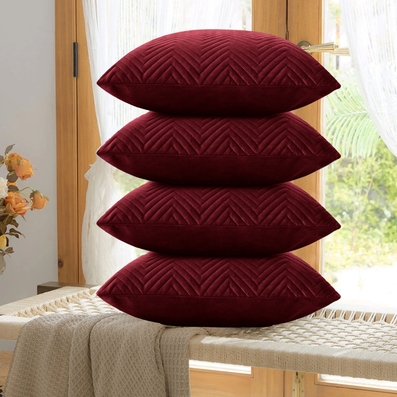 Embossed Velvet Cushion Cover (4 Piece Set), Burgundy