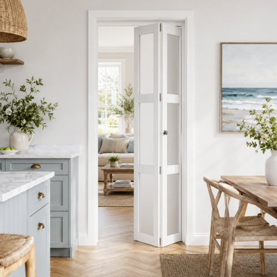 Bifold Doors 32"x80" , 3 Lite Tempered Frosted Glass Bi-Fold Closet Doors with Hardware Kit, Pre-Assembled White Folding Interior Doors, Easy Installati