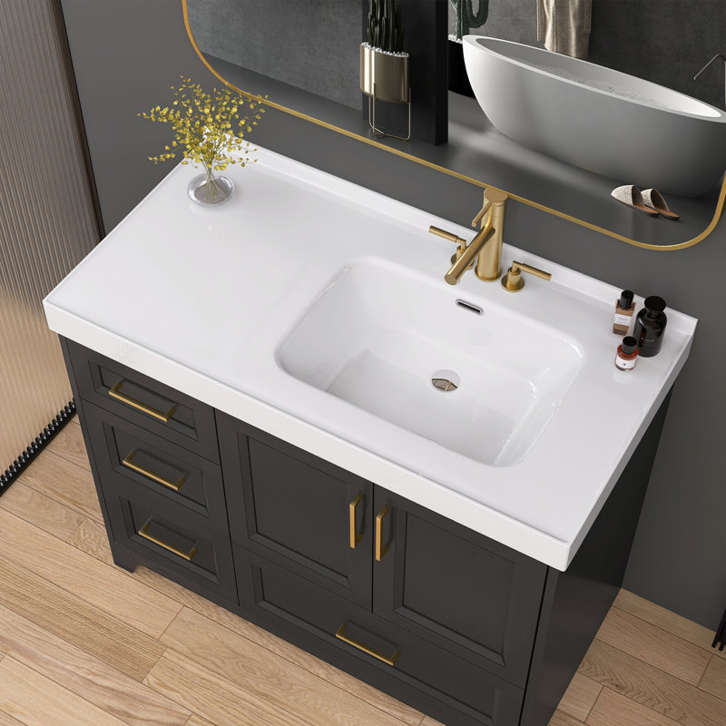 Comptoir de salle de bain simple 43 po x l 22 po à surface solide et décalée avec comptoir blanc avec lavabo et dosseret H 1-3 / 8 po