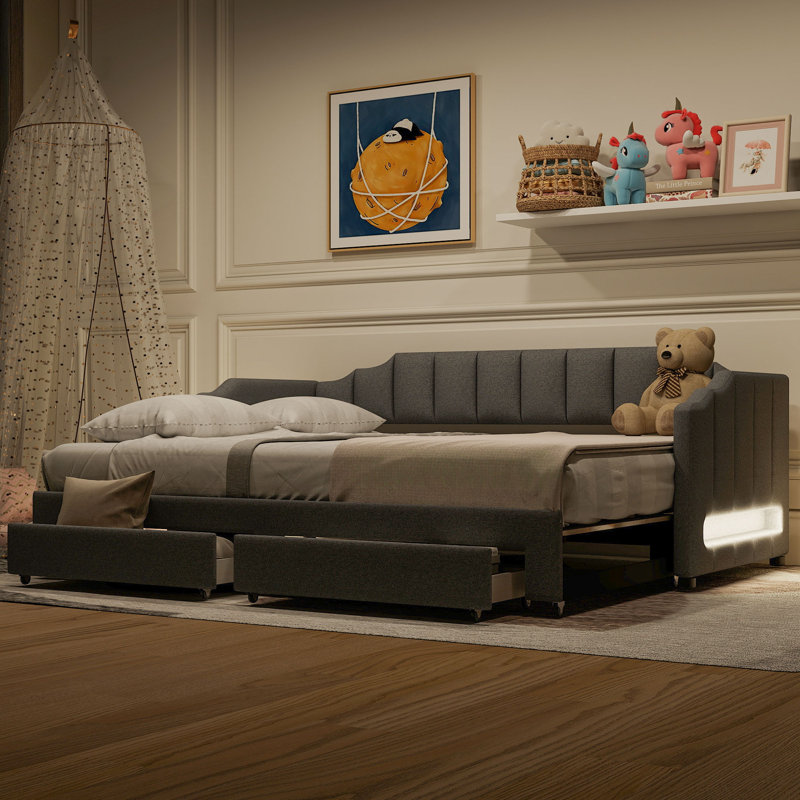 Twin XL to King Extendable Upholstered Daybed with Storage Drawers LED Light, Gray