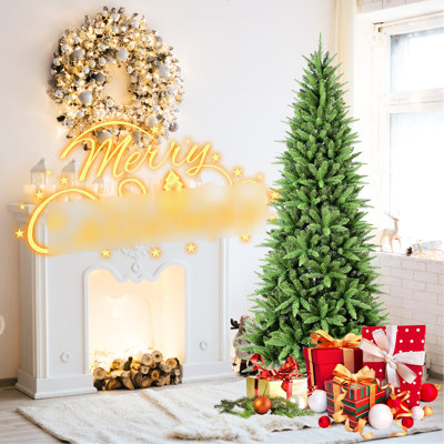 Arbre de Noël de 9 pi avec un design mince, 2152 branches Pe +, structure articulée à installation rapide et support en métal pour les petits espaces de vie Espaces de bureau très serrés