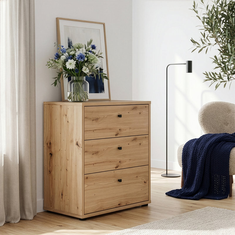 Tekita Modern 3-drawer chest of drawers, small storage cabinet, engineered wood, beige, 54 cm W x 66.3 cm H x 34.8 cm D