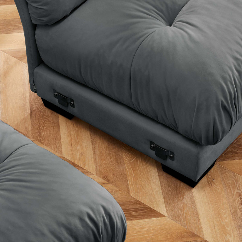 Très grand canapé moderne à 3 places avec coussins de taille et coussins décoratifs, Velours gris