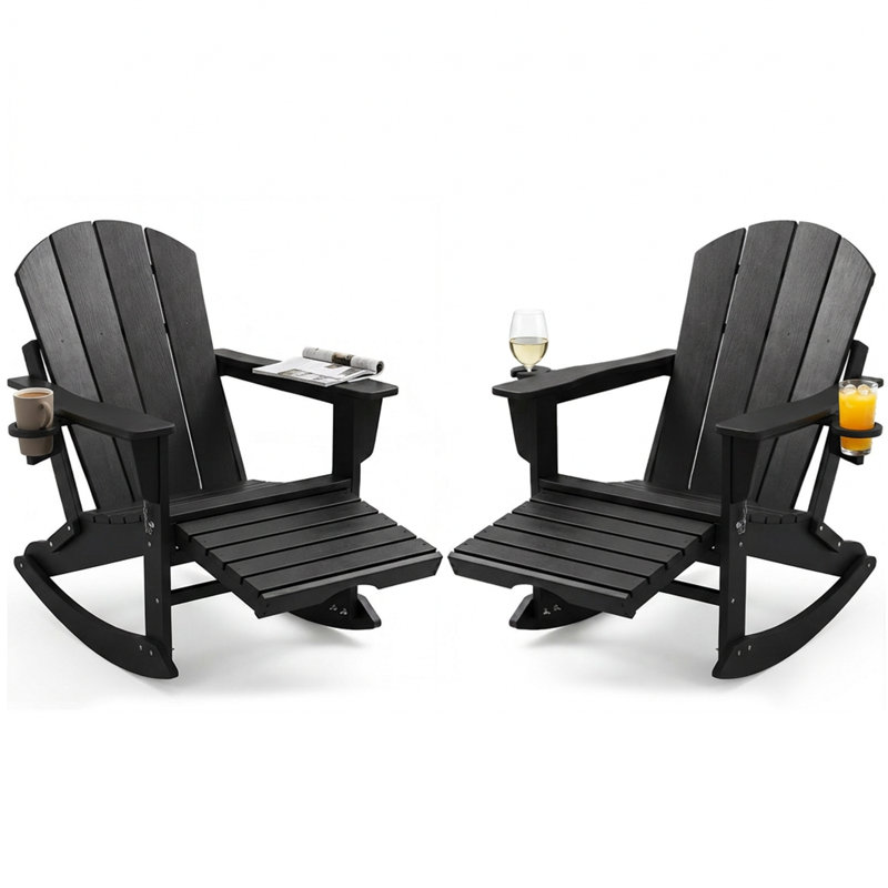 Adirondack Rocking Chairs Set of 2 – Foldable HDPE Patio Rockers with Retractable Ottoman, Cup Holders, and Phone Groove