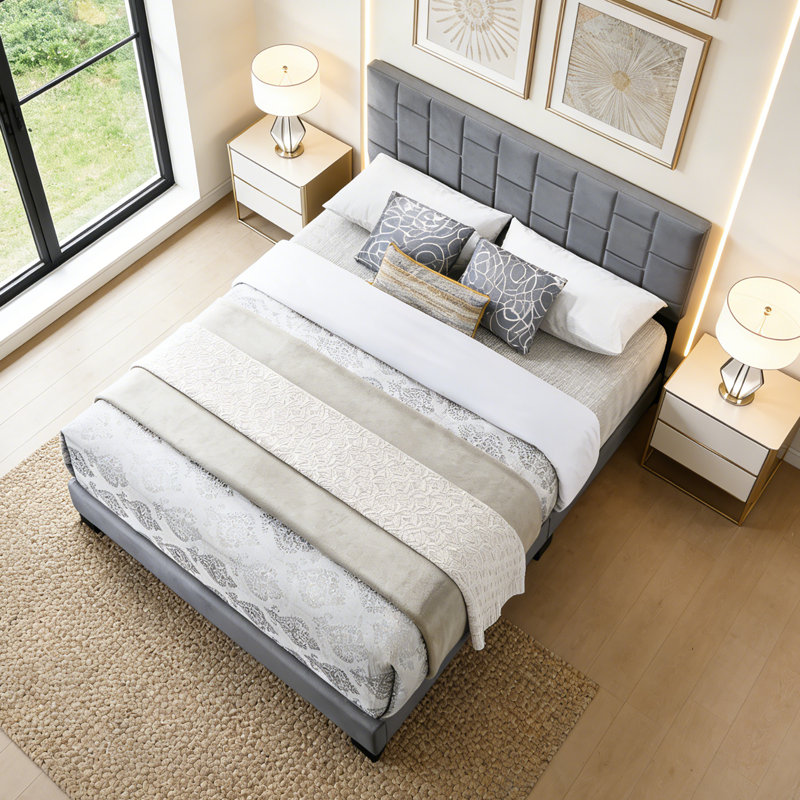 Structure de lit plateforme en velours avec tête de lit tapissier, gris, Grand lit