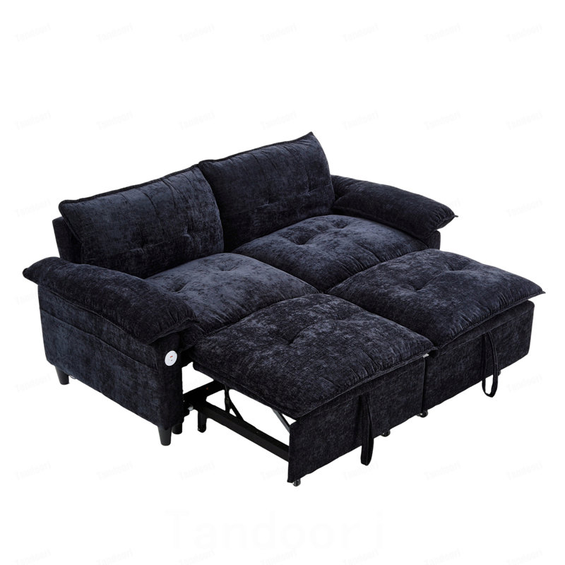 Canapé-lit convertible en velours avec matelas dépliable, Velours - noir