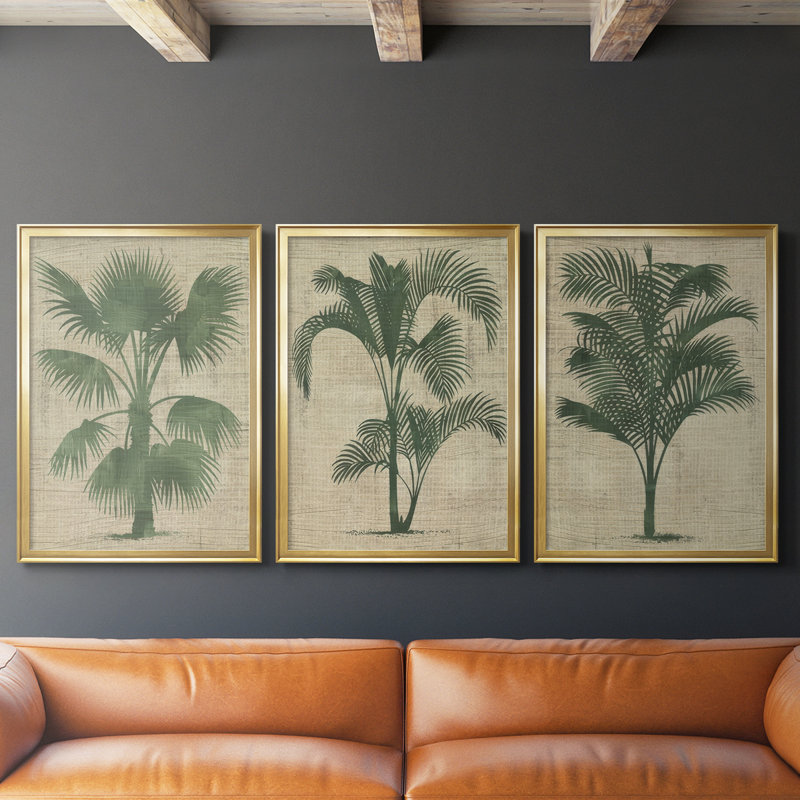 «Burlap Palm Silhouette I», toile tendue avec châssis sur mesure - 3 pièces, H 19 po x l 45 po, Doré