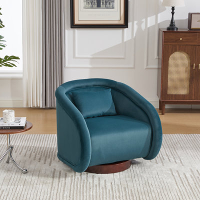 Fauteuil d'appoint pivotant Modern Teal avec rotation à 360 degrés, rembourrage en mousse haute densité, revêtement en velours givré et piédestal antidérapant en bois d'hévéa, pour les espaces de vie principaux en forme de citrouille confortable