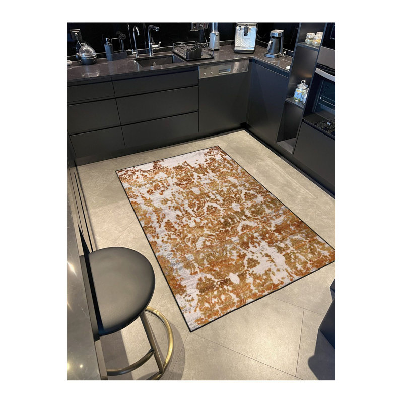 Tapis décoratif moderne peint en jaune lavable à la machine, Rectangulaire 3 pi 11 po x 5 pi 11 po