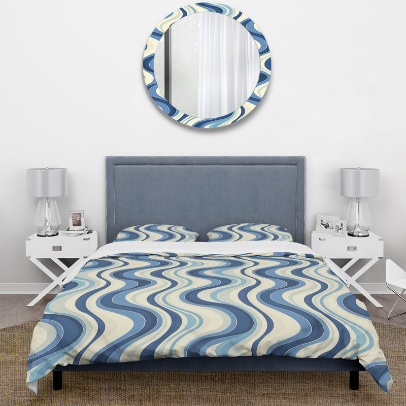 Ensemble de housse de couette bleu beige Midcentury Waves - Midcentury, Housse de couette très grand + 2 taies décorativ