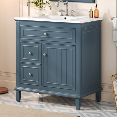 Meuble-lavabo de 30 po avec lavabo, meuble-lavabo en bois massif et panneau de fibres à densité moyenne avec tiroir rabattable, 2 tiroirs et tablette réglable (robinet non inclus)