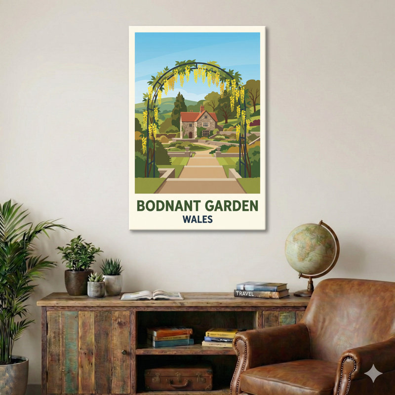 Bodnant Garden, Wales - Romantic Travel Poster Of Laburnum Arch, Terraced Lawns And Welsh Hills. Giclee Print On Wrapped Canvas. Wall Art, Home Decor - Parks & Gardens, Wales - Wrapped Canvas Print