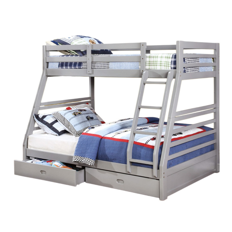 Lit superposé simple au-dessus d'un lit double moderne en bois massif gris transitionnel moderne avec deux grands tiroirs pour le rangement
