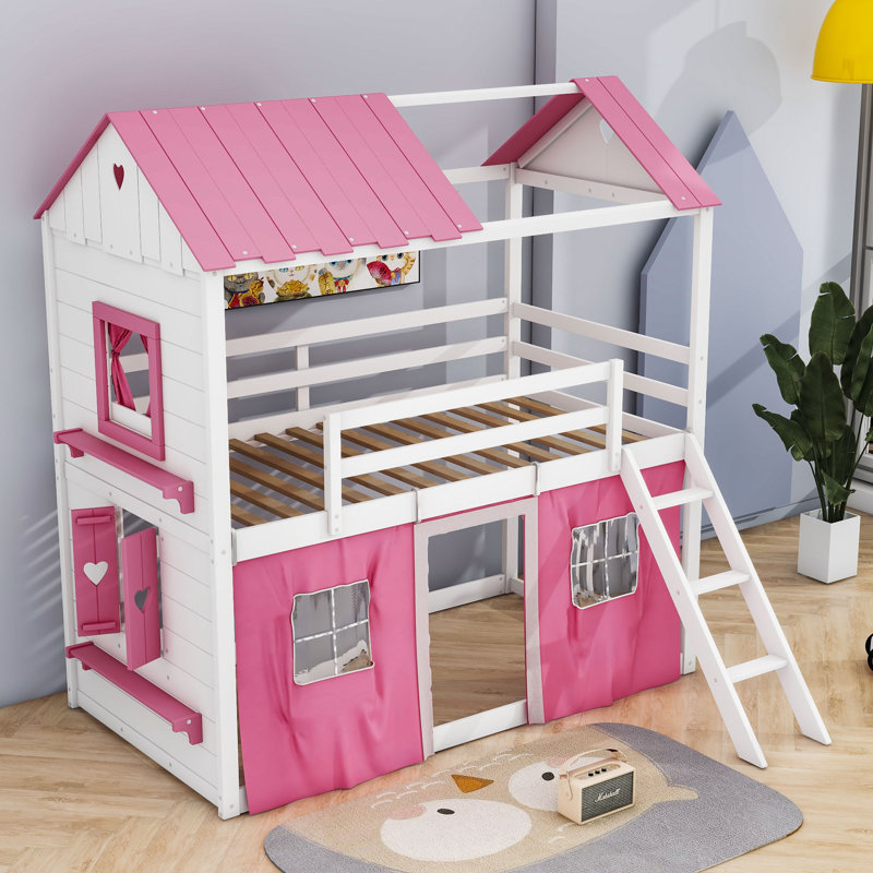 Lit superposé en bois avec fenêtre et tente Sherick, Double sur double, Rose