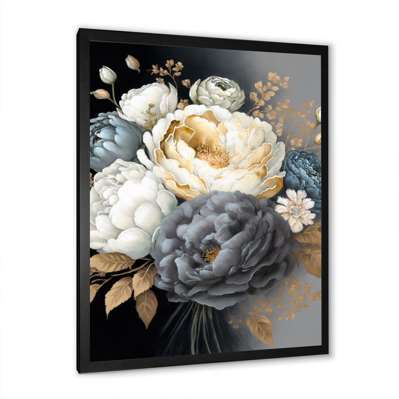 Bouquet de pivoines blanches, bleues et grises I - Impression sur toile, Cadre photo noir, H 20 po x l 12 po x P 1 po
