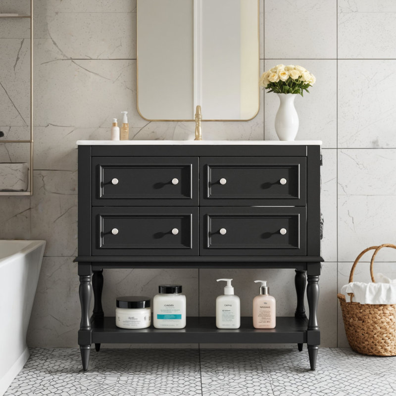 The Independent Bathroom Dressing Table Set Is A Combination With A Sink, Including An Under-Counter Ceramic Sink, A Solid Wood Frame, And Drawers, Which Combines Washing And Storage Functions.