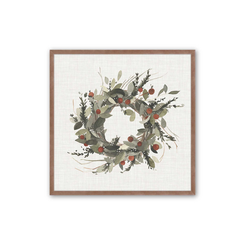 Couronne des Fêtes avec baies I, impression roulée, Cadre simple rose poudre, bois massif, H 21,5 po x l 21,5 po