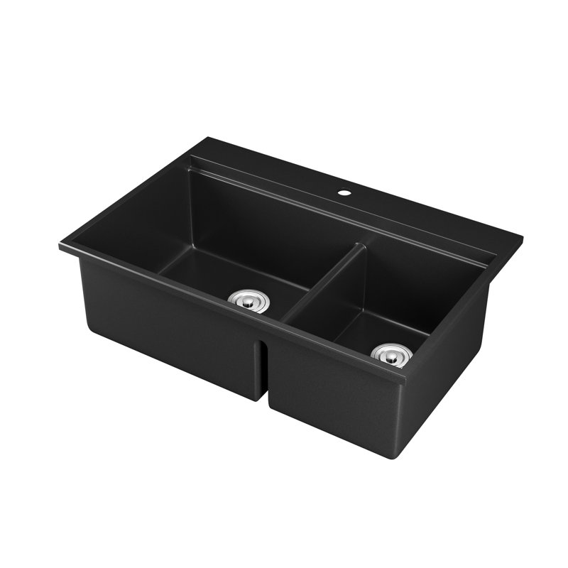 DeerValley 33" x 22" Black Undermount Drop in Quartz Double Bowl Kitchen Sink with Accessories
