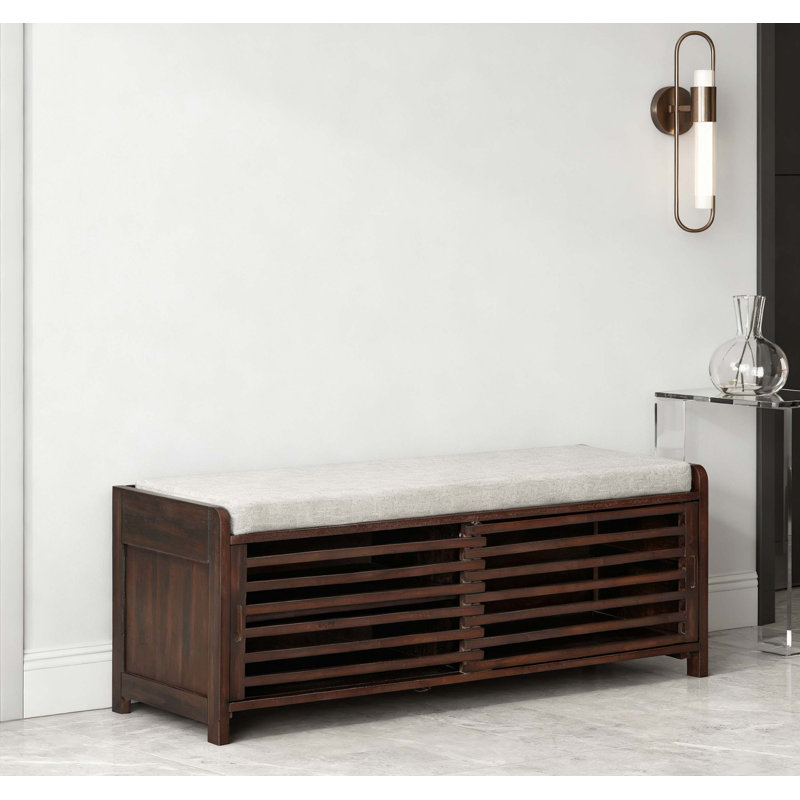 Shoe Bench with Storage and Cushion, Distressed Shutter Design for Rustic and Vintage Interiors, Espresso Finish