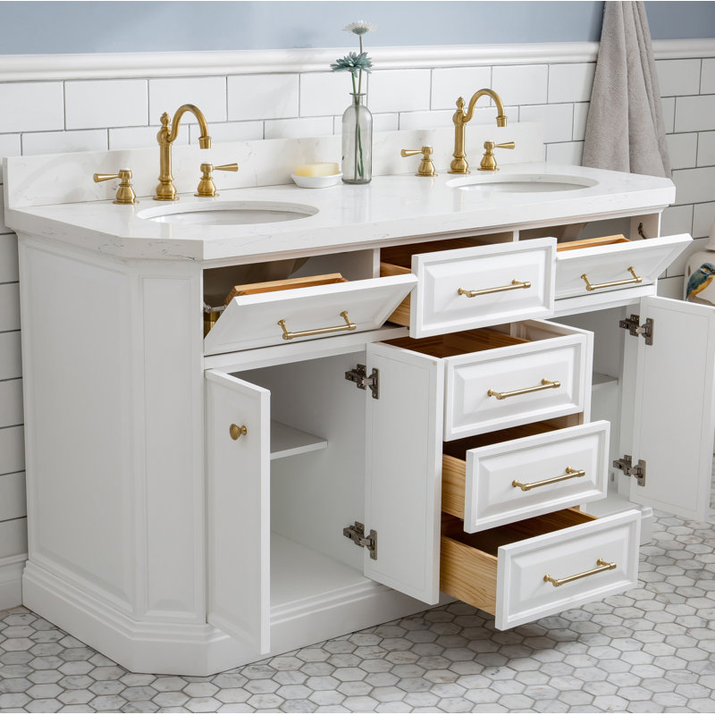 Ensemble de meuble-lavabo double 60 po Bruning Quartz, Blanc pur, Laiton satiné