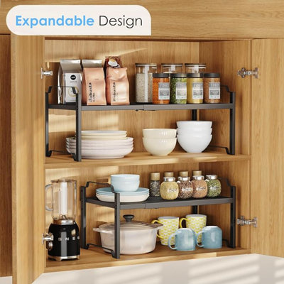 2 Pack 11” Depth Expandable Kitchen Cabinet Organizer Shelves, Metal Kitchen Countertop Organizers and Storage Shelving, Heavy Duty Stackable Storage Rack Shelf For Pantry Cupboard Counter Tabletop