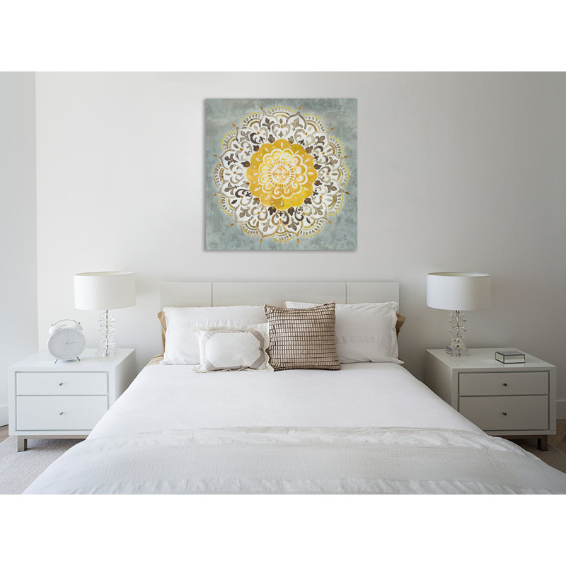 « mandala plaisir iv jaune gris », reproduction de peinture à l’aquarelle sur toile tendue, H 30 po x l 30 po x P 1,5 po