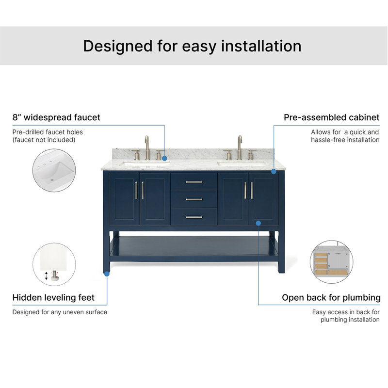 Magnolia Bath Vanity Rectangular Basin S073DCW2R, Rectangle, Midnight Blue, 61"