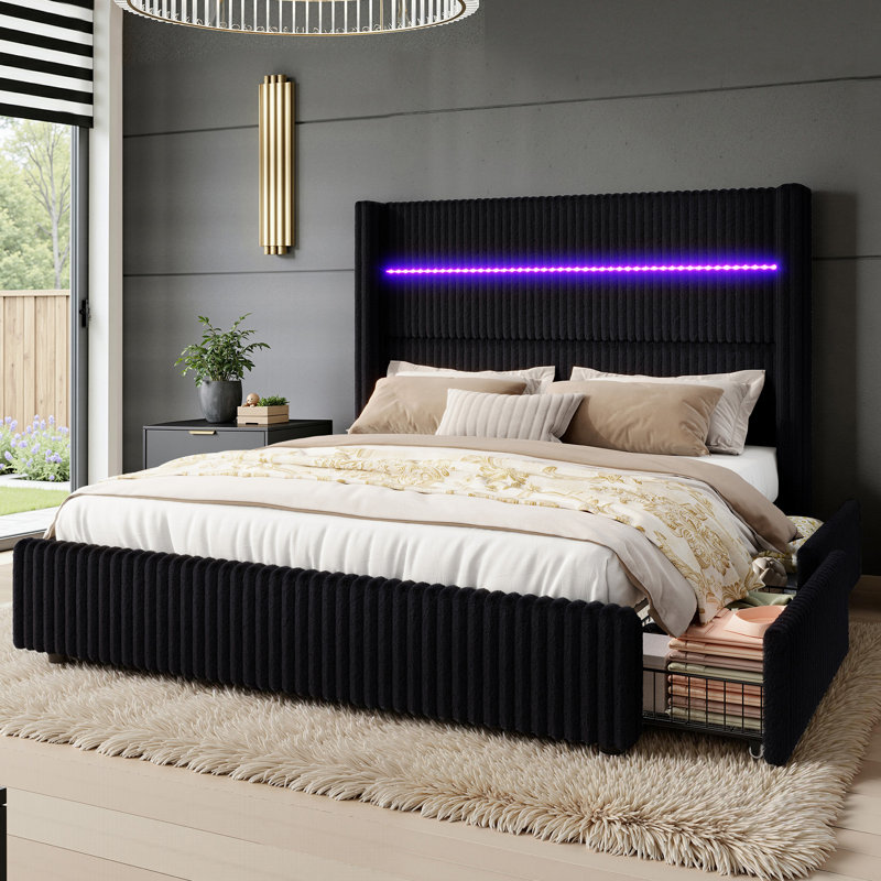 Upholstered Platform Bed with Storage Drawers and Charging Station, Wood Slat Support Bed Frame, Full, Gray