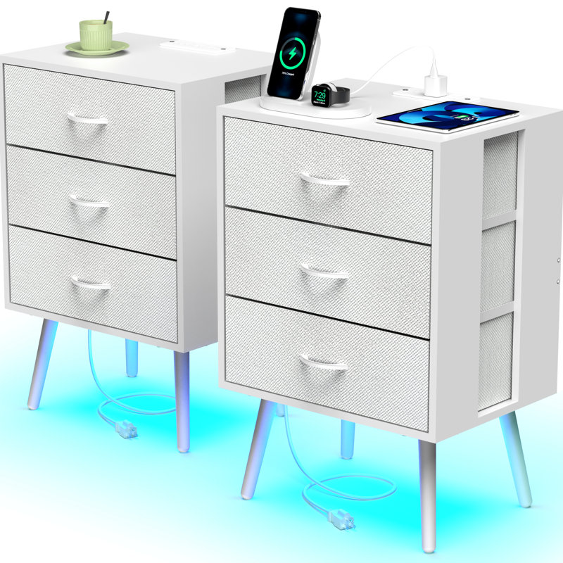 Ensemble de 2 tables de chevet modernes avec station de charge, table de chevet blanche et tiroirs en tissu, éclairage télécommandé réglable, panneau enduit pour la longévité, instructions d'installation faciles, 15,62
