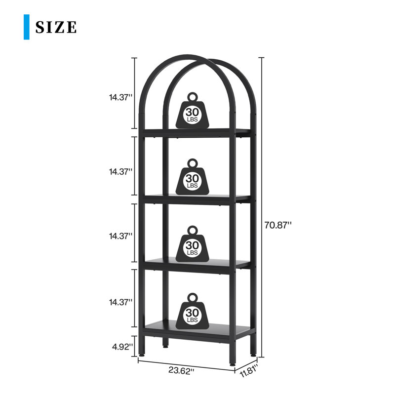 Laddie Arched Bookcase, 4-Tier Storage bookshelf, Black