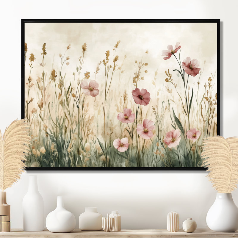 Art sur toile Blush Poppy Field Whisper I - champ rose, H 16 po x l 32 po, Cadre flottant noir