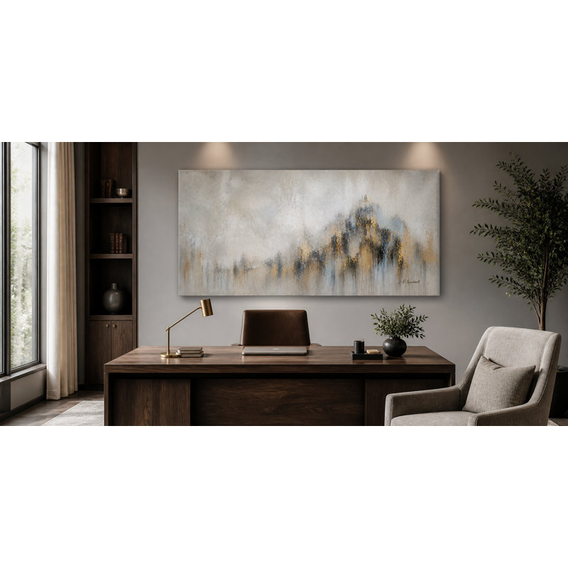 Tableau panoramique abstrait de montagne gris brumeux et or sur toile tendue, 27.5" H x 55" W x 1.5" D