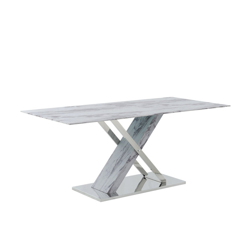 Table de salle à manger élégante avec surface en faux marbre et base en acier inoxydable, style croix, 6 pièces, assemblage requis
