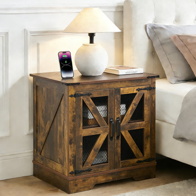 Farmhouse End Table with Charging Station - Nightstand with 2 Outlets & 2 USB Ports - Vintage Industrial Side Table