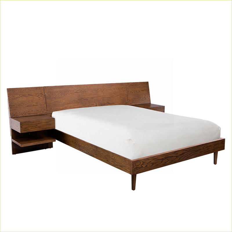 Low Profile Solid Wood Queen Platform Bed with Two Attached Nightstands, No Box Spring Required for Bedroom