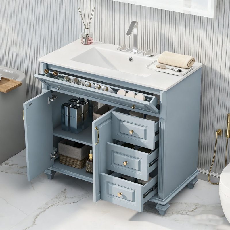 Meuble-lavabo de salle de bain 36 po avec lavabo 2 portes et 3 tiroirs, Blue, Doré