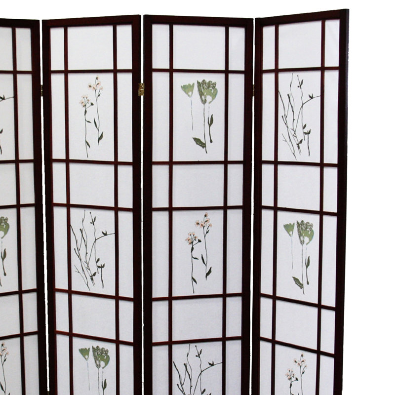 Clôture de 70 pouces à 4 écrans en bois de cerisier avec motif floral asiatique en hauteur, couleur, motif traditionnel asiatique