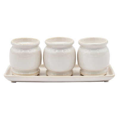 7.5X2.5X2.5" Three-Cup Tealight Holder&Tray,White