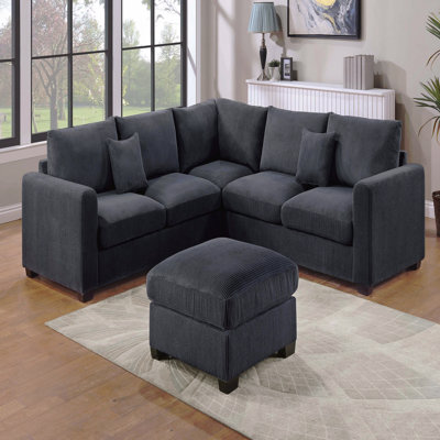 Ensemble de canapé modulaire en forme de L de style moderne avec repose-pieds 4 pièces avec accoudoirs carrés en velours côtelé et finition noire