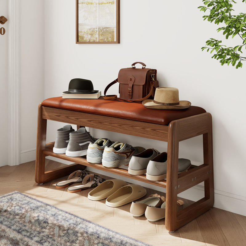 Solid Wood Storage Shoe Bench with Leather & Linen Cushion Options, Orange/Brown, 31.5" W, Leather
