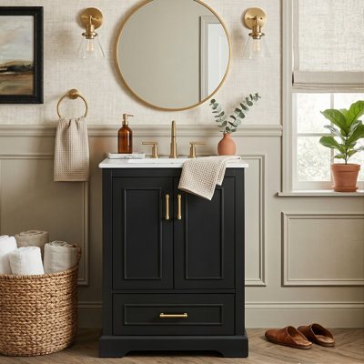 Meuble-lavabo moderne avec lavabo, armoire à cadre en bois massif avec 2 portes, tiroir cloisonné et système de fermeture en douceur