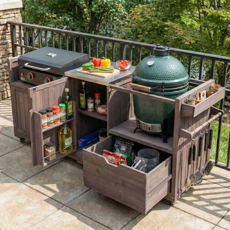 Solid Wood 80.5" Outdoor Kitchen Island For Big Green Egg& Blackstone Griddle, Grill Cart Table With Stainless Steel Top