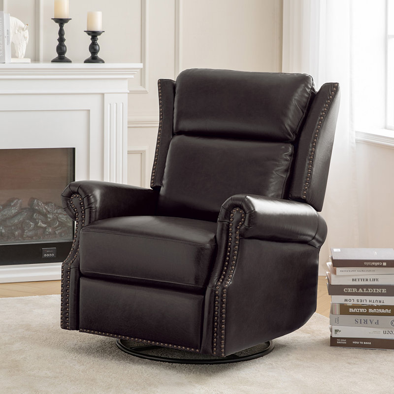 Hayliee Waxed Leather Swivel Glider and Rocker Recliner, Espresso