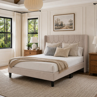 Wingback Platform Bed with Linen Upholstered Headboard