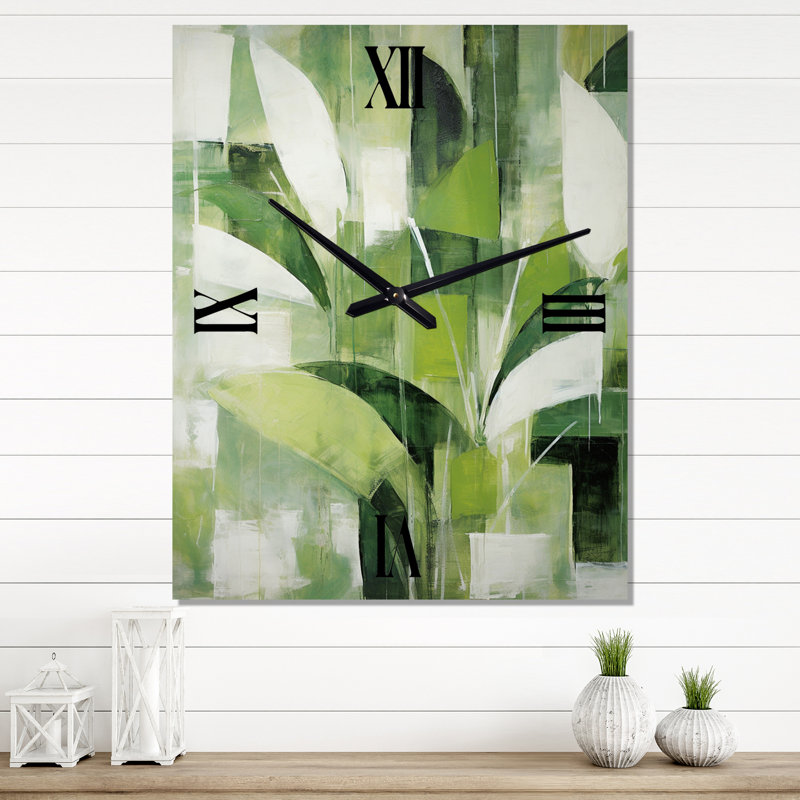 Abstract Green Plants Minimalism Retro Collage - Plants Wall Clocks, Medium