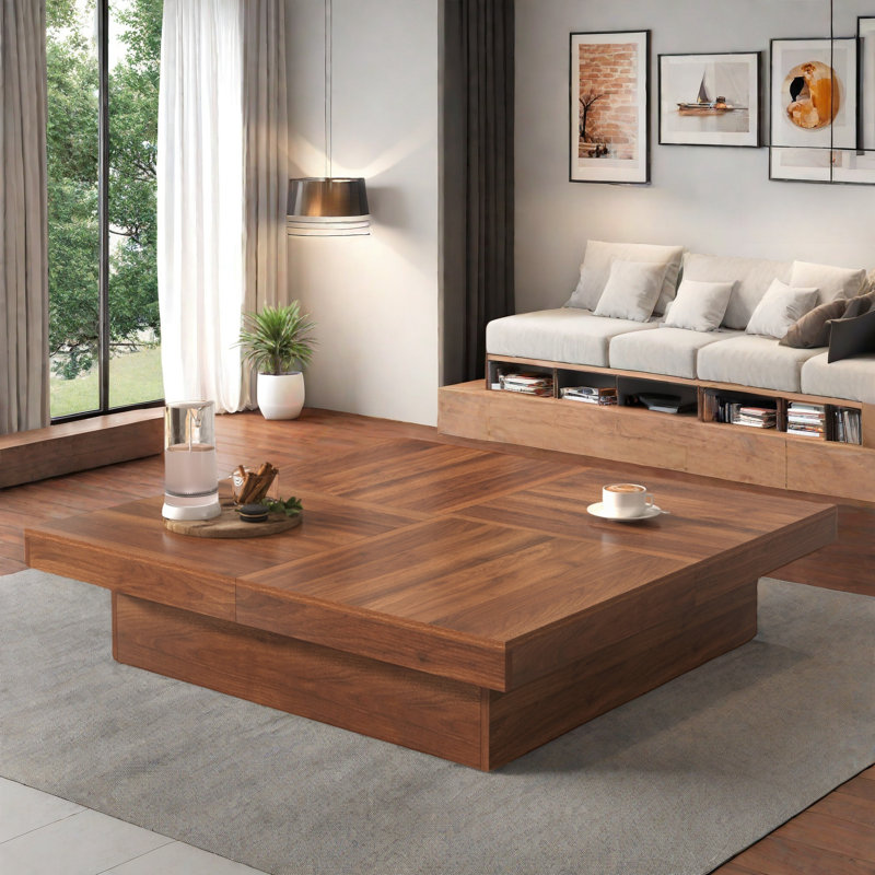 Table basse carrée en placage de marbre avec plateau coulissant et rangement, Noyer, 13.8" H x 39.4" W x 39.4" D