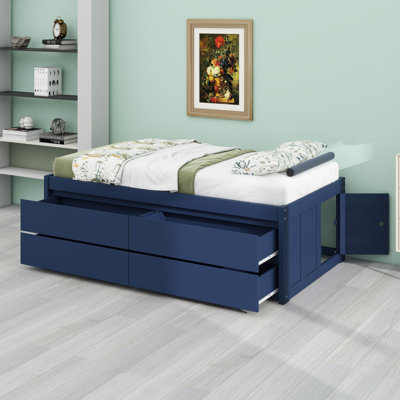 Lit plateforme avec tiroirs de rangement et porte latérale pour chambres modernes, de style champêtre ou traditionnelles