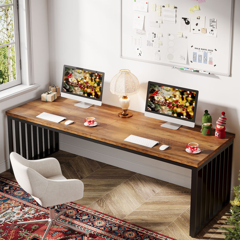 78.74" W Rectangle Computer Desk with Metal Legs, Brown/Black