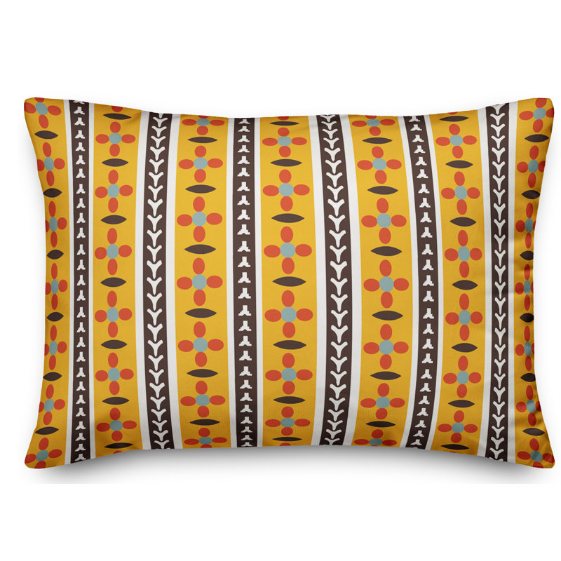 Folk Flower Striped Reversible Throw Pillow, Yellow